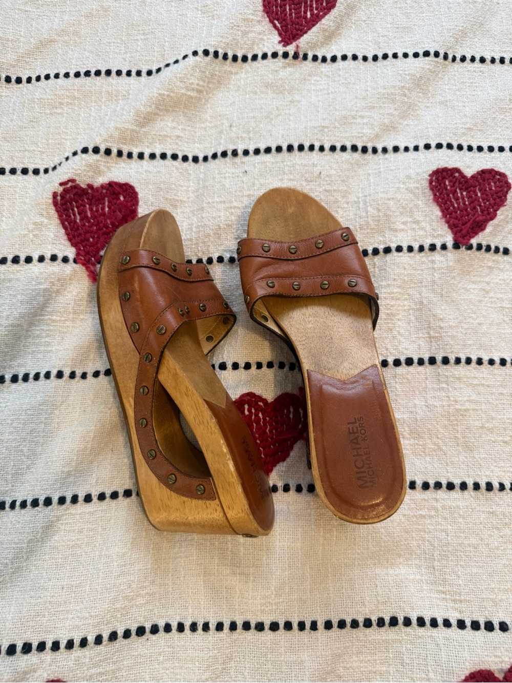 Michael Kors Cognac Leather Studded Wood Wedge Mules